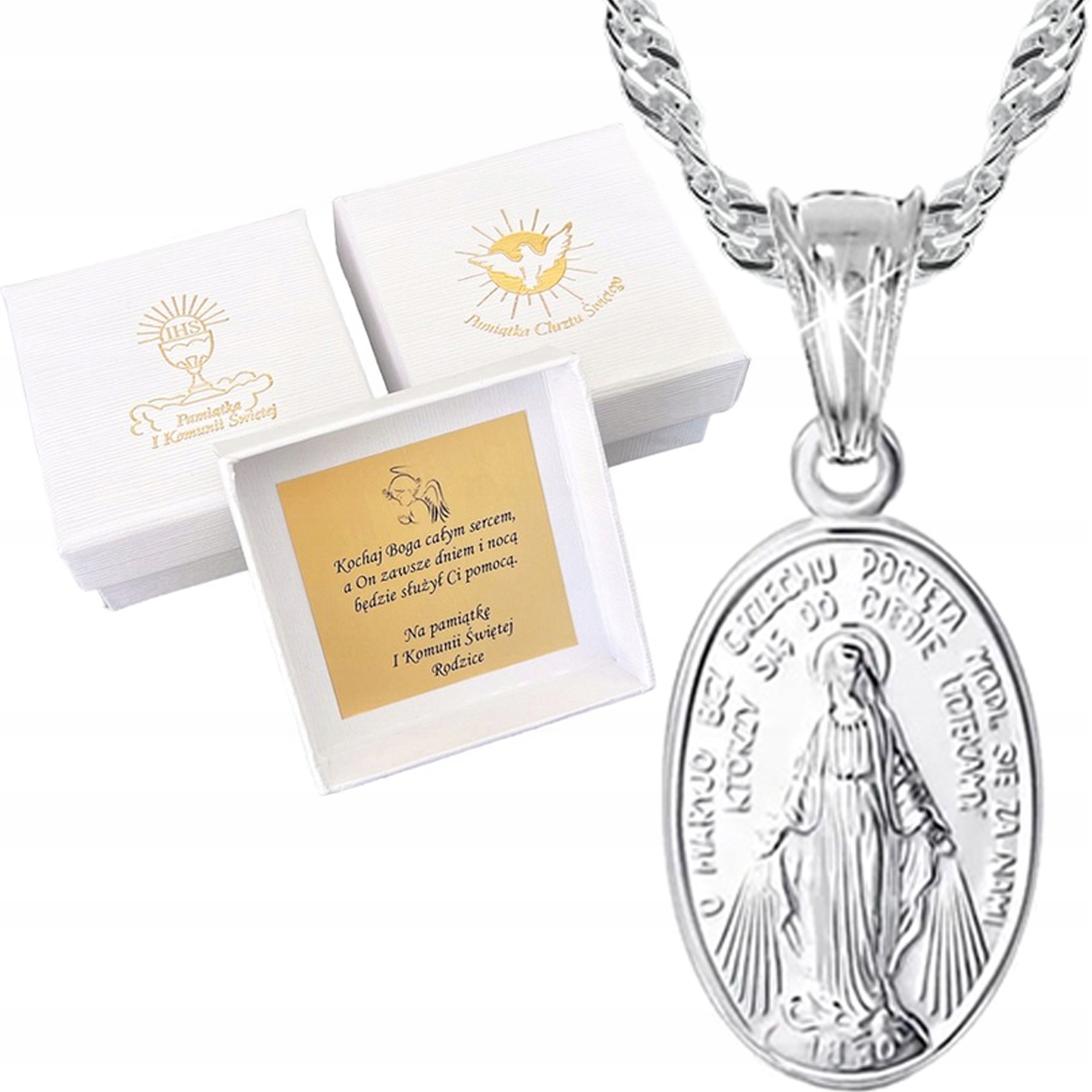 SREBRNY ŁAŃCUSZEK I CUDOWNY MEDALIK KOMUNIJNY MATKA BOSKA CUDOWNA 50cm