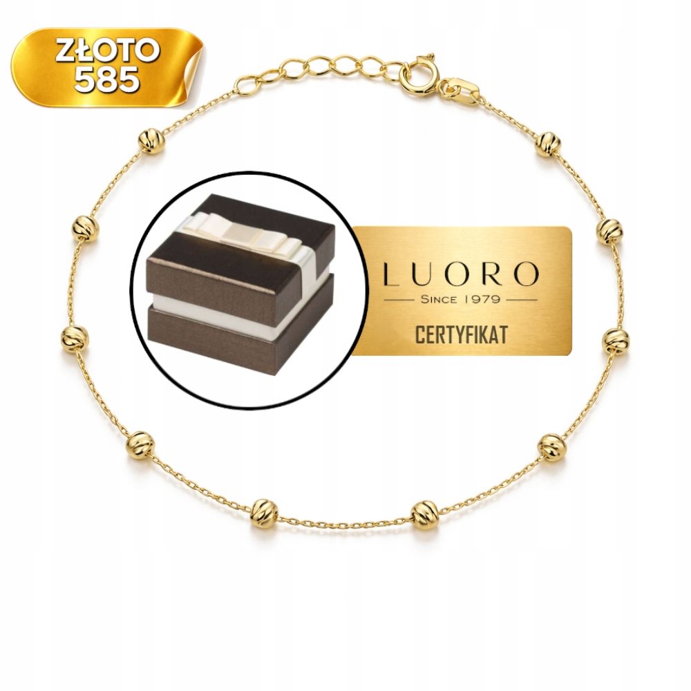 Zlatý Náramek 585 14K Diamantové Kuličky 22-25 CM Nastavitelné, Elegantní