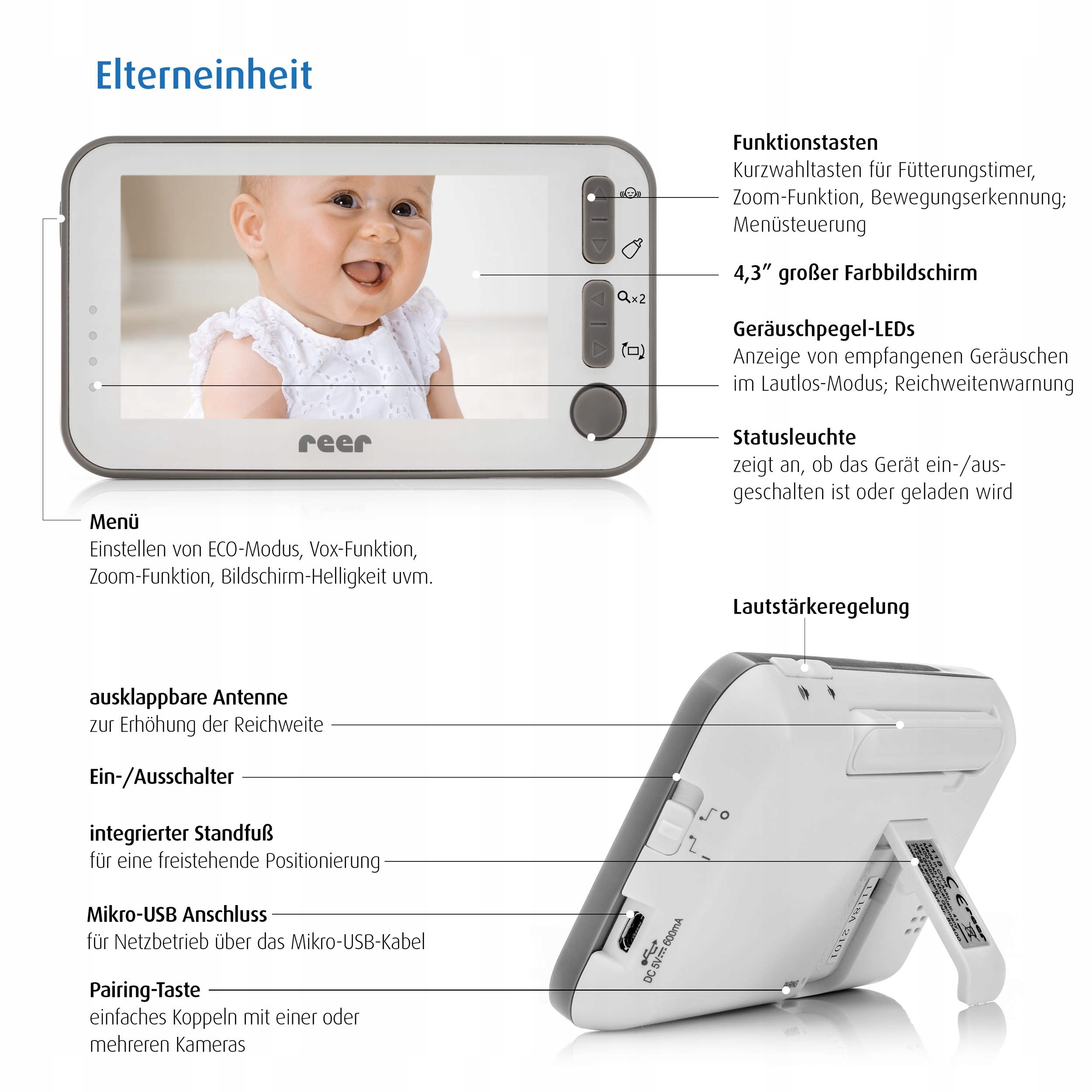 REER BabyCam Niania Elektroniczna 300m Kamera 43" Wyświetlacz — miniatura 9