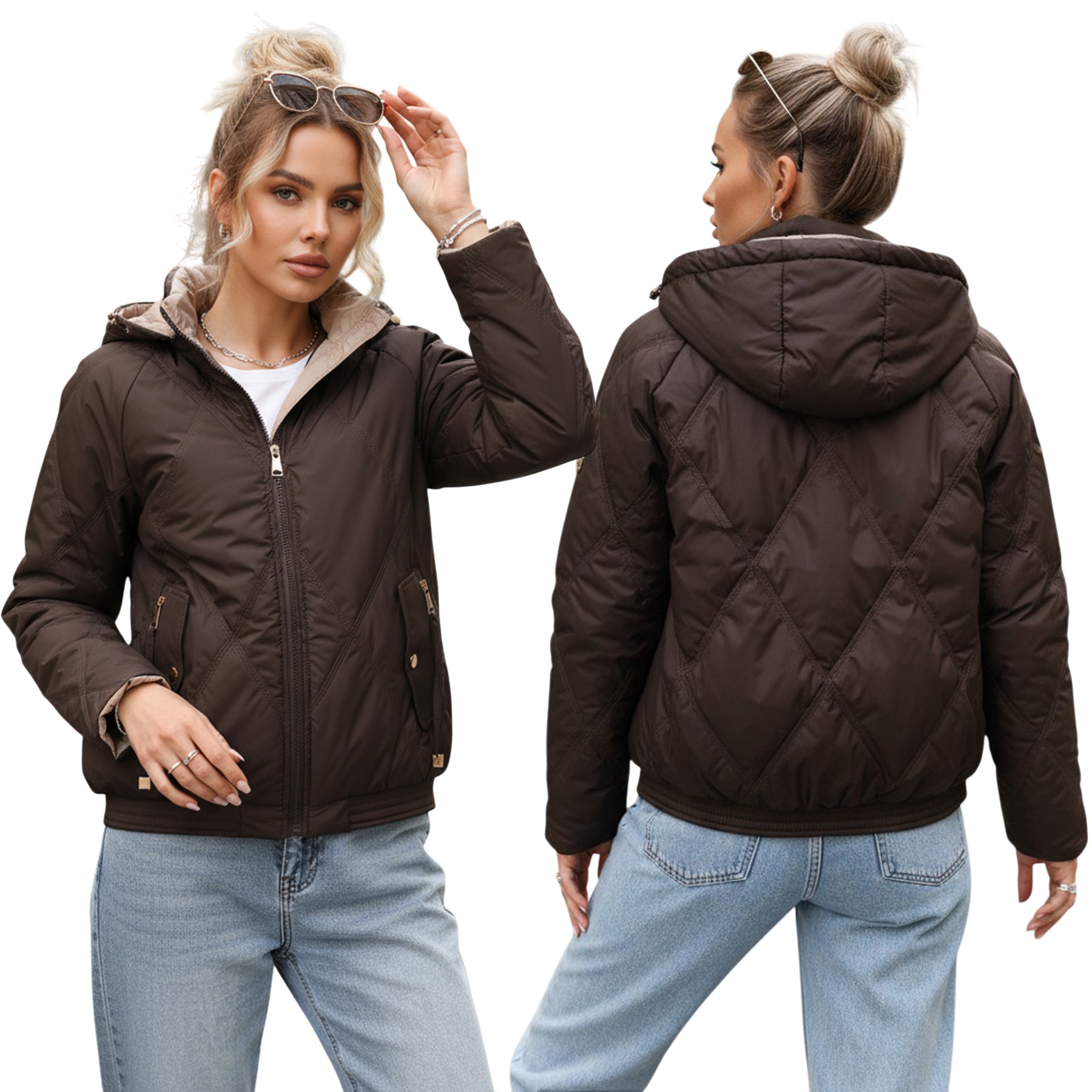 Kurtka damska przejściowa pikowana z kapturem brązowa TY5671 L