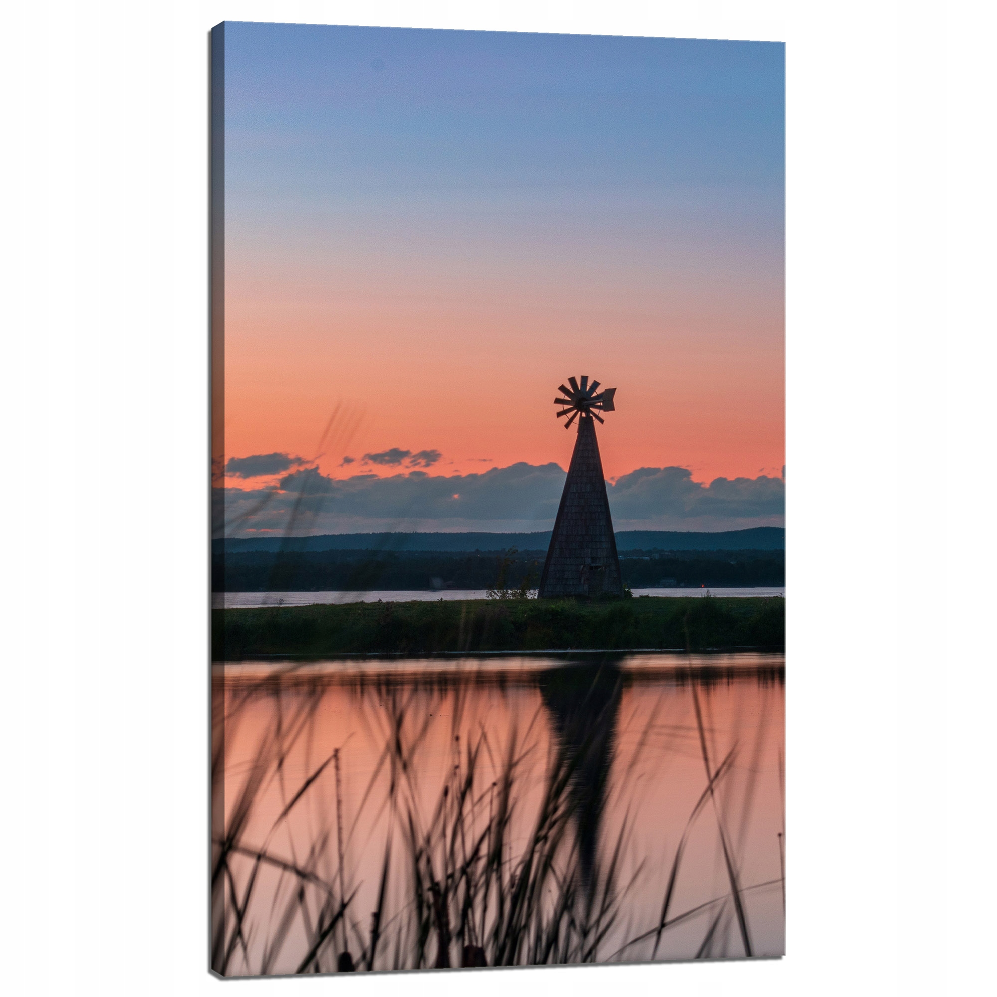 Obraz na plátně Větrný mlýn Nebe Příroda Západ Slunce Jezero Tráva 60x100