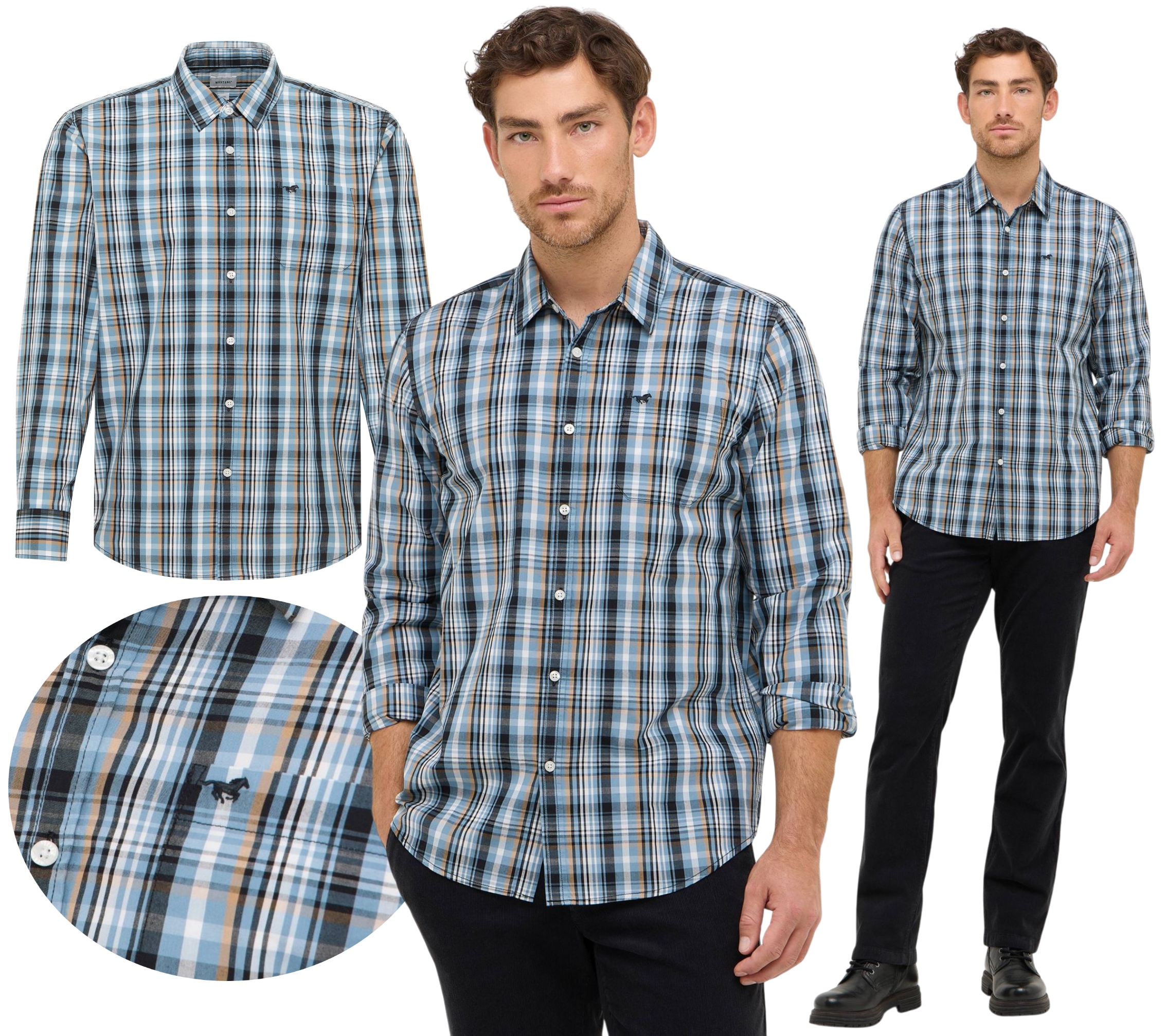 Pánská Bavlna košile Mustang Chester Plaid s dlouhým rukávem, kostkovaná, vel. L