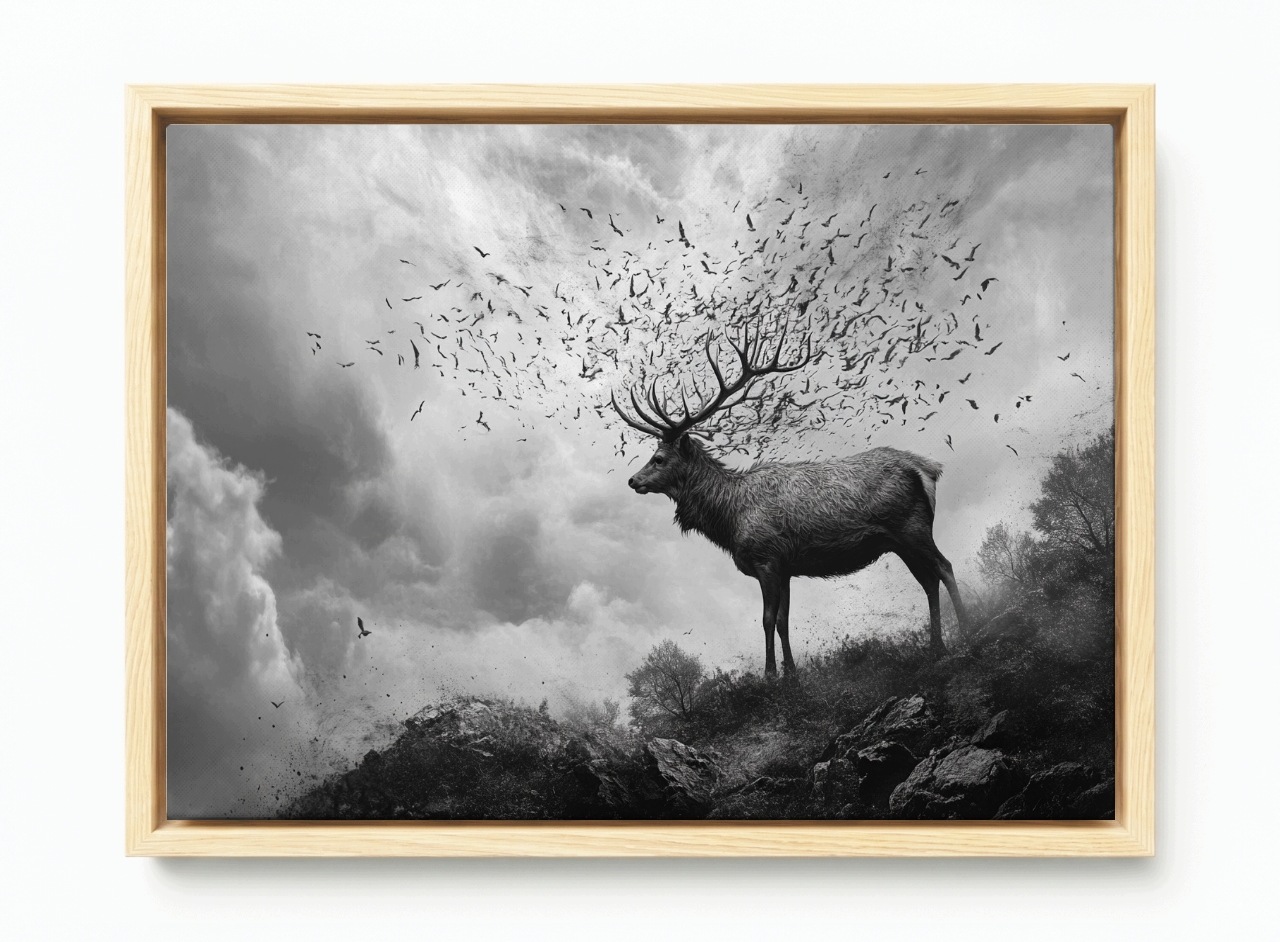 Obraz Rám Americký Box Abstrakce Příroda Jelen Ptáci Šedá Hora 60x40
