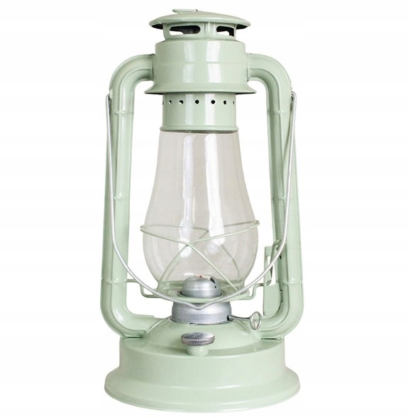 Petrolejová Lampa Zelená kovová do obýváku zahrady skleněné stínidlo knot