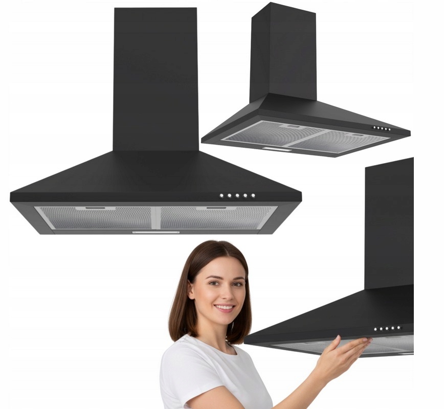 Okap kuchenny kominowy Orkan 60 cm czarny Led rura zawór wyciąg pochłaniacz