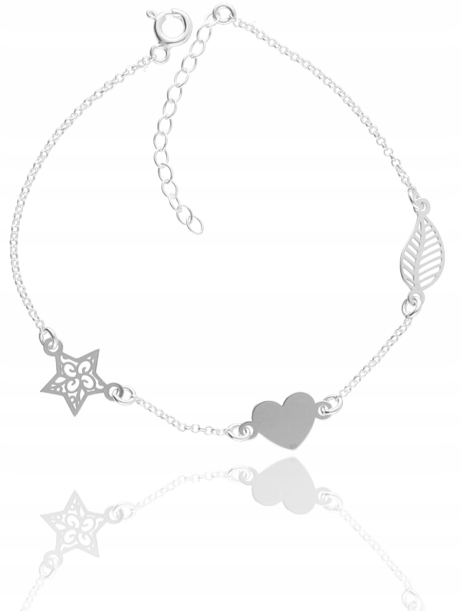 Náramek se třemi přívěsky Hvězdička Srdce Lístek Stříbro 925 Gravírování