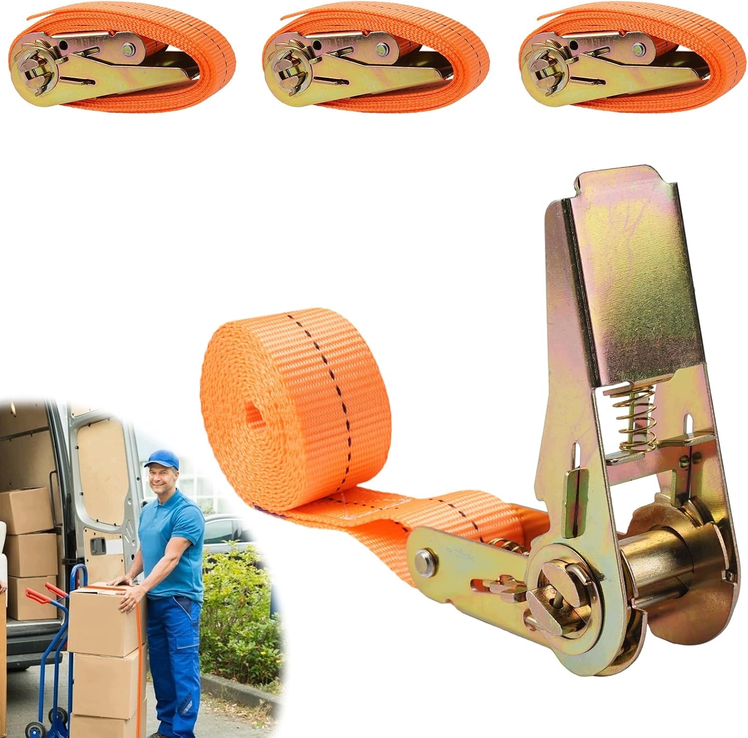 Pasy mocujące z grzechotką 4 szt. 2 m x 25 mm pomarańczowe 1000 kg