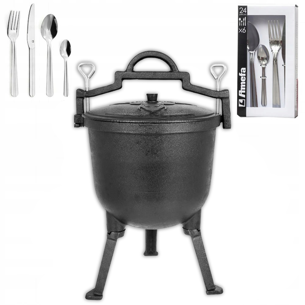 Litinový kotlík lovecký hrnec 5 l na pečeně, příbory Colibri 24 ks