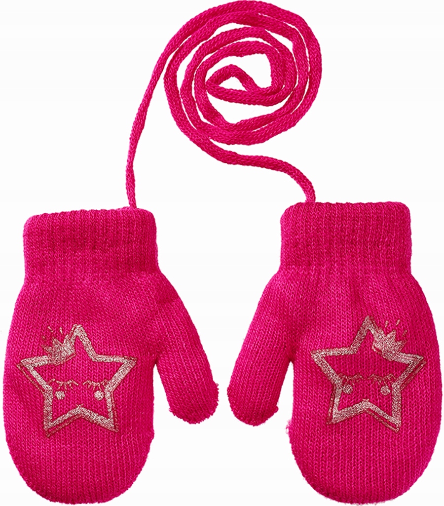 12cm Rękawiczki OCIEPLANE grube 1P jednopalczaste sznurek GWIAZDKA malinowe
