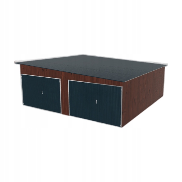 Plechová garáž 6.5 x 6.5 m, dvoupolohová, spád vpravo, tmavý ořech