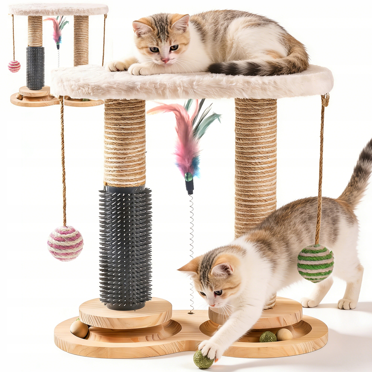 Levně 2-ÚROVŇOVÁ Hračka Pro Kočky Dřevěná Dráha Kuličky Škrabadla Plošina