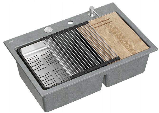 Quadron Marc 120 Workstation Zlewozmywak 2-KOMOROWY Silver Stone +akcesoria
