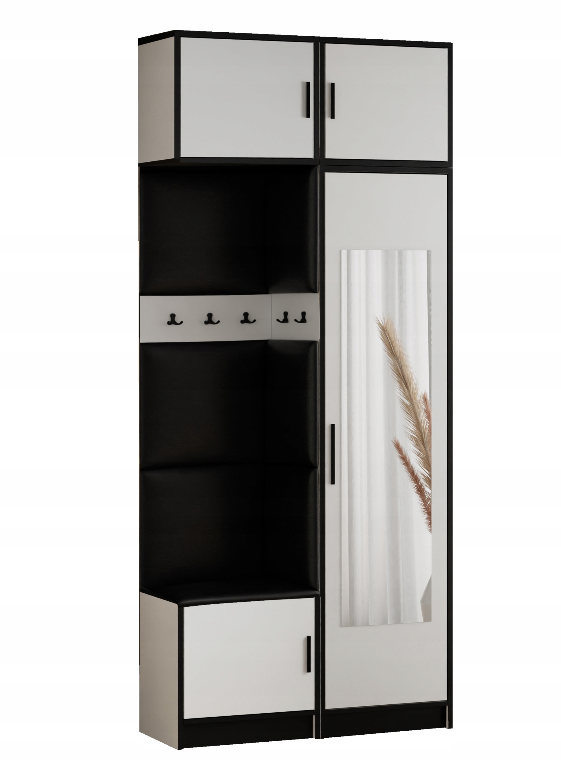 Šatní skříň se zrcadlem Dior 11 sedák bílý ekokůže černá s nástavcem