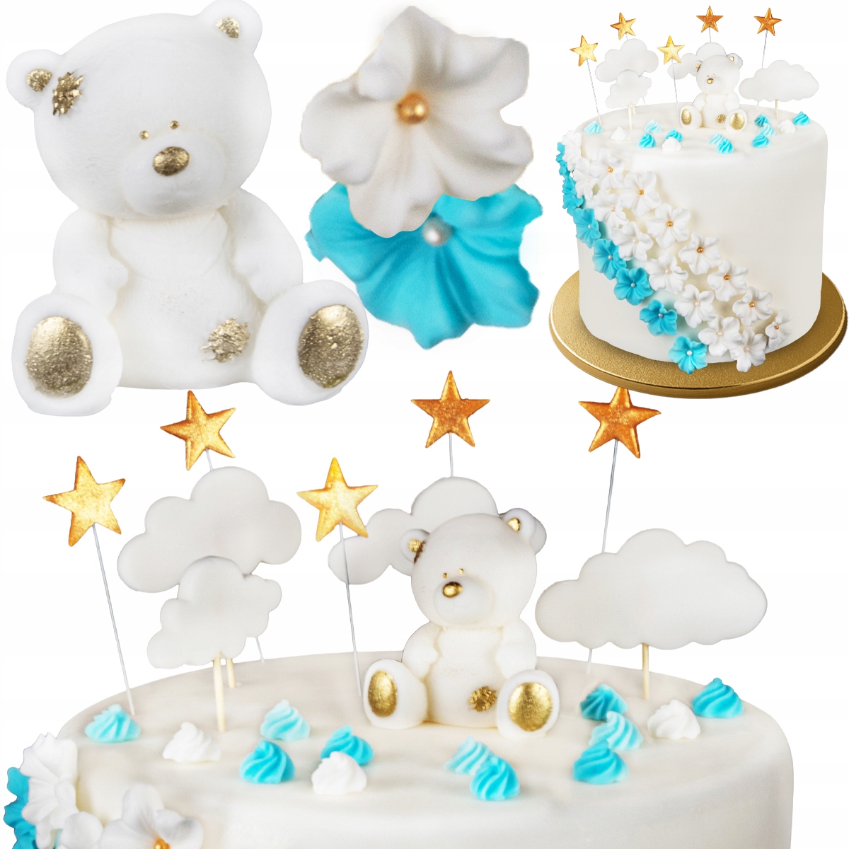 Levně Dekorace Dortu Kompletní Sada Medvídek Obláčky Hvězdy Květiny K Narozeninám Cukrová