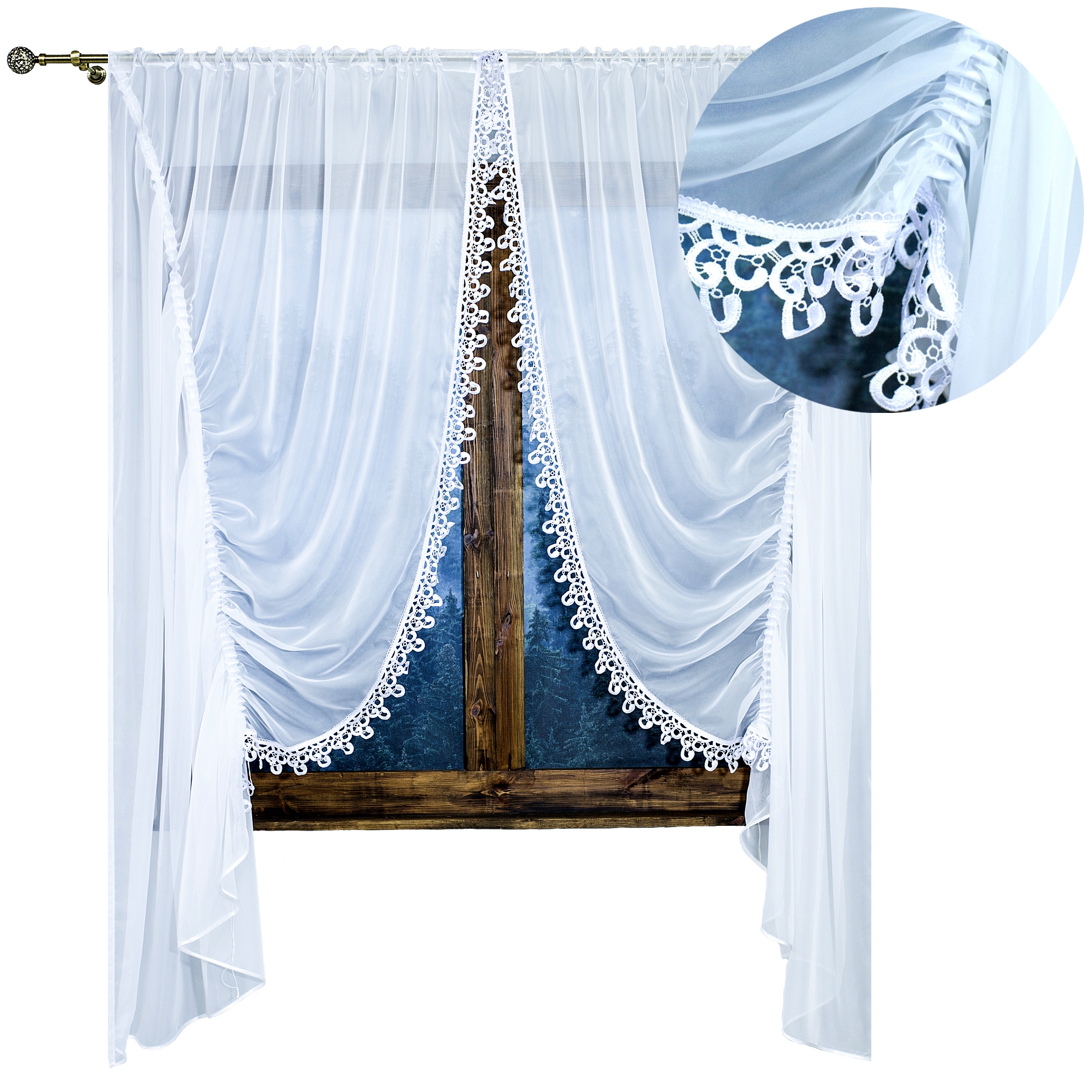 Komplet Záclon Hotová Záclona Gipiura Voál Bílá Krajka Páska Žabky 400X265