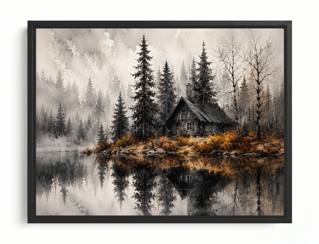 Obraz Rám American Box Les Stromy Jazero Chata Hmla Jeseň Šedá 80x60