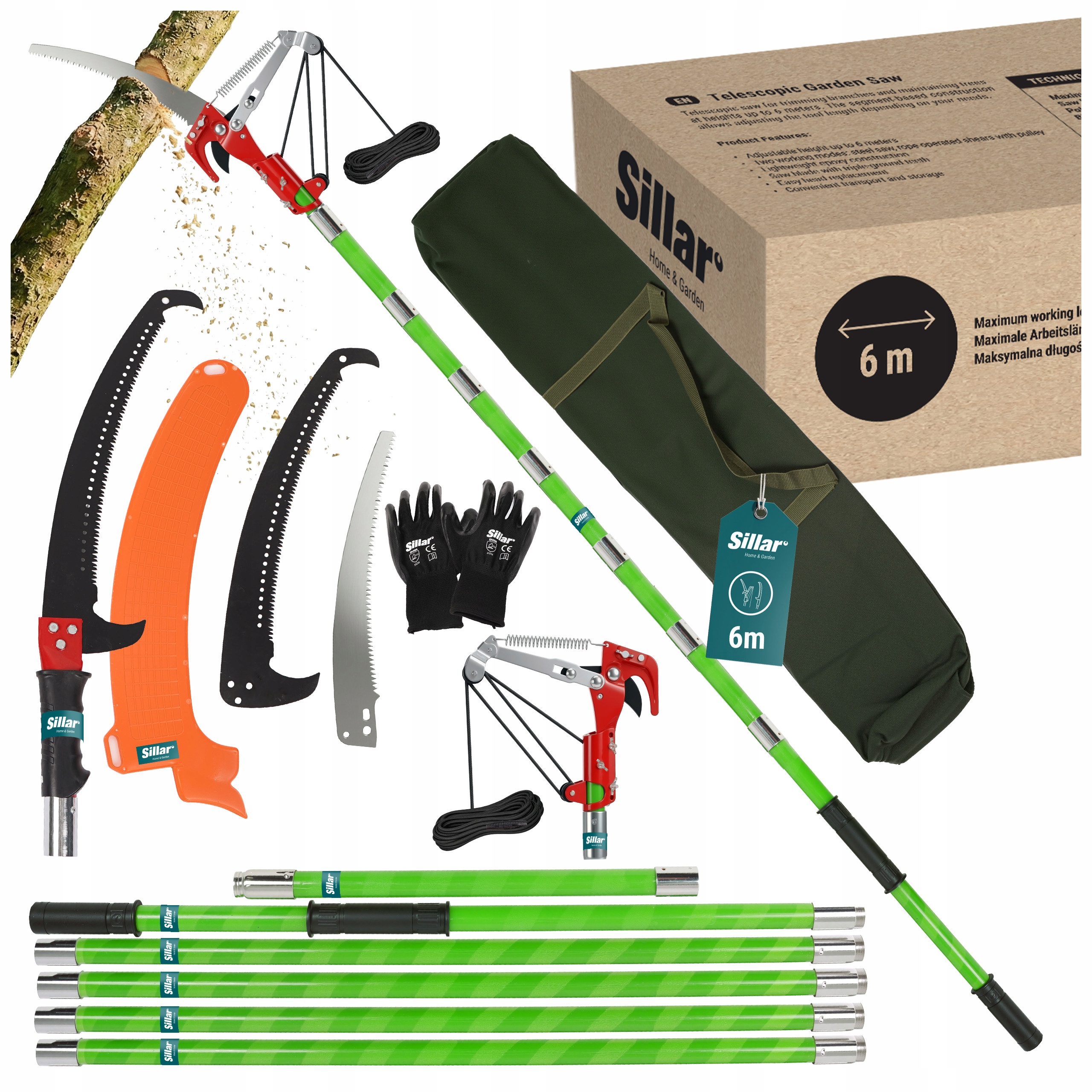 Sada Sillar Segmentová teleskopová pila 6 m zahradní nůžky 3 x pilový list