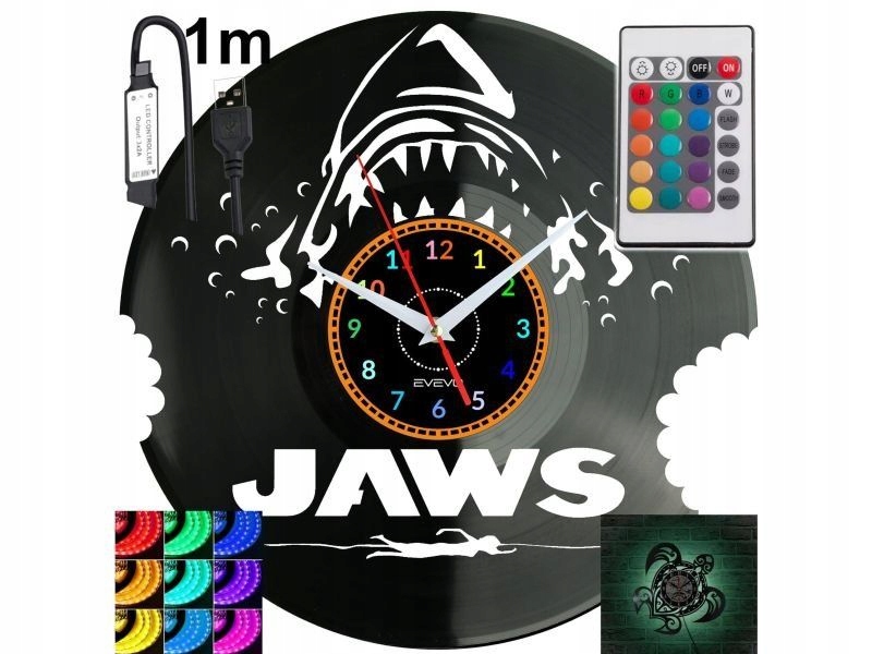 Žralok Nástěnné podsvícené Led hodiny Rgb na dálkové ovládání Vinylová deska Modern