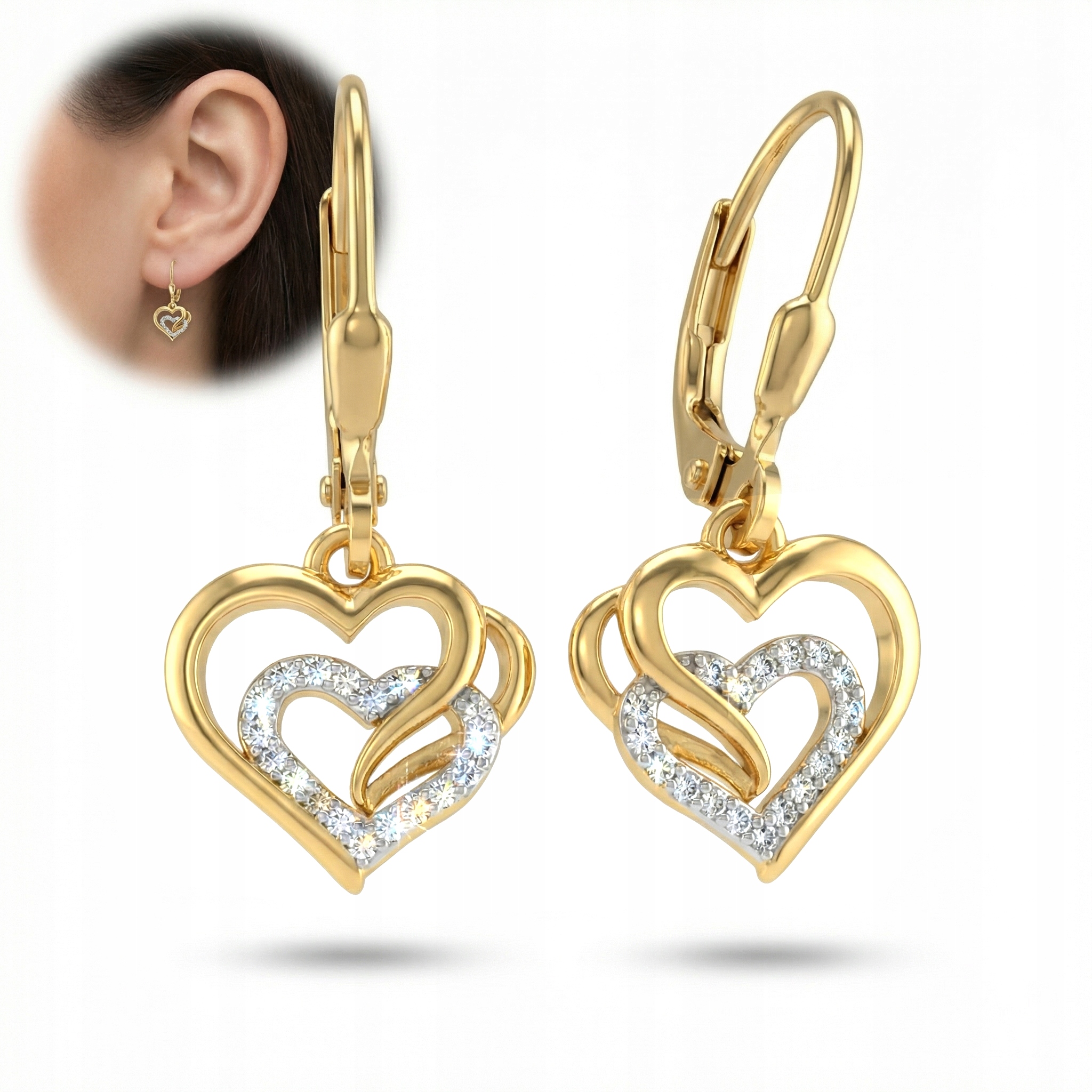 Złote kolczyki 925 Serca Angielskie Zapięcia Cyrkonie Złocone