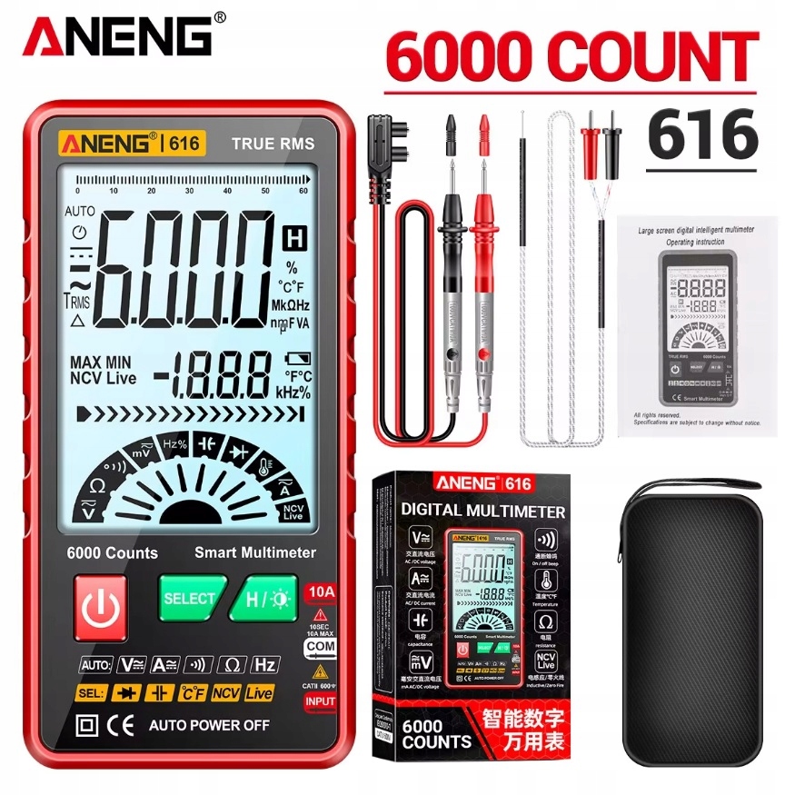 Měřič multimetru Voltmetr Aneng 616 LCD displej Pouzdro Termočlánek