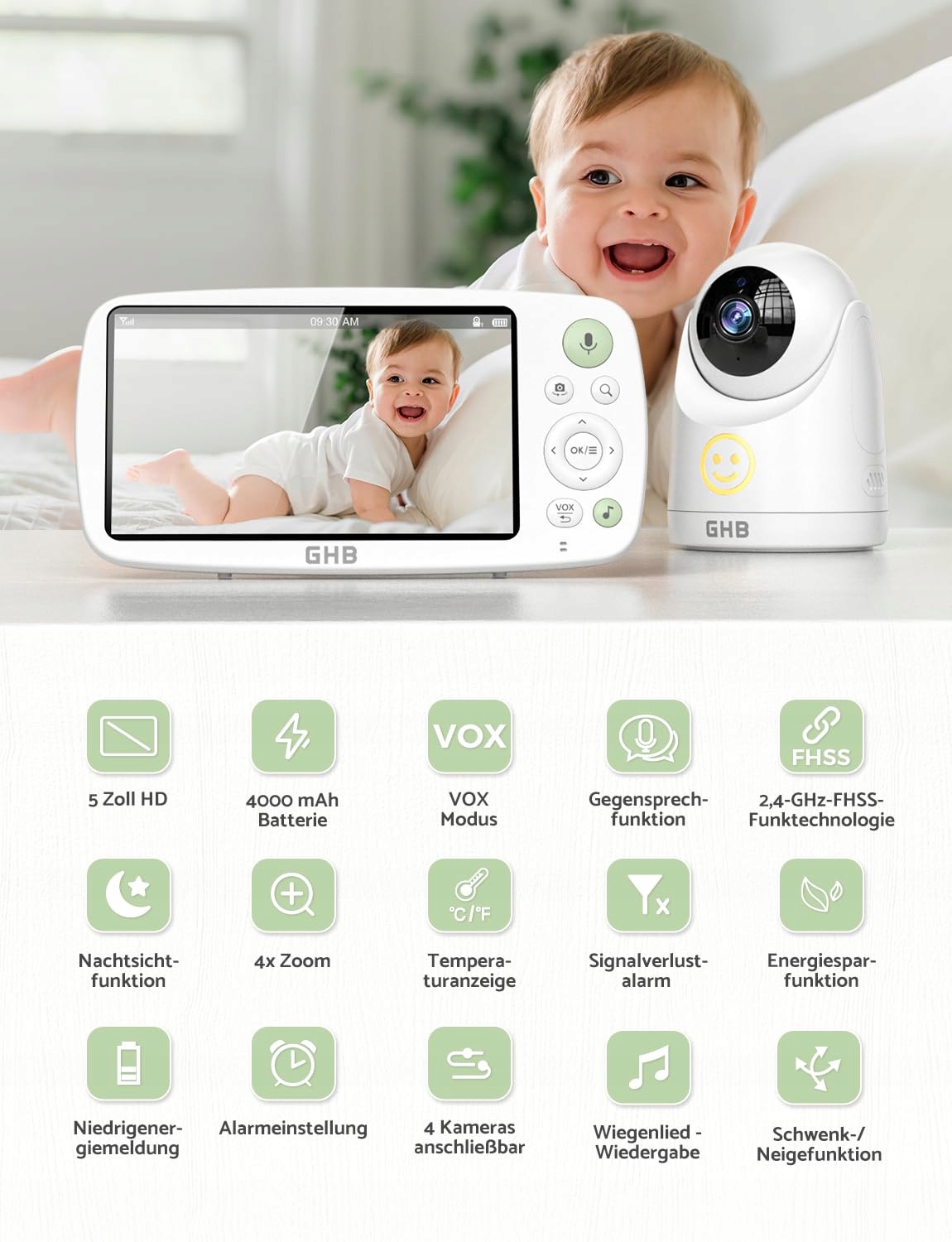 GHB Elektroniczna Niania Kamera 5" HD 1080P 4000mAh VOX 4xZoom 300m — miniatura 2