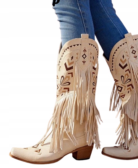 KOZAKI DAMSKIE BEŻOWE FRĘDZLE KOWBOJKI 36,5 ŁJA