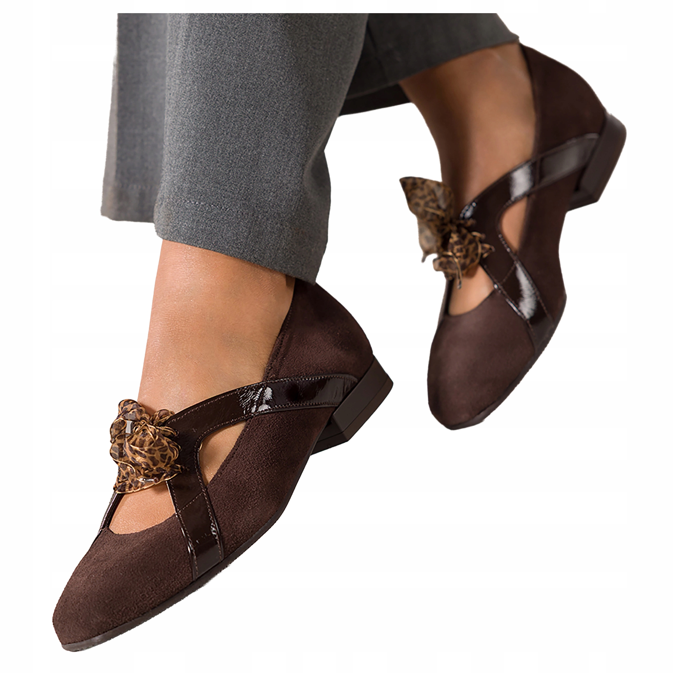 Baleríny Čokoládové Dámské Kožené S stuhou s Módním vzorem, velikost 39
