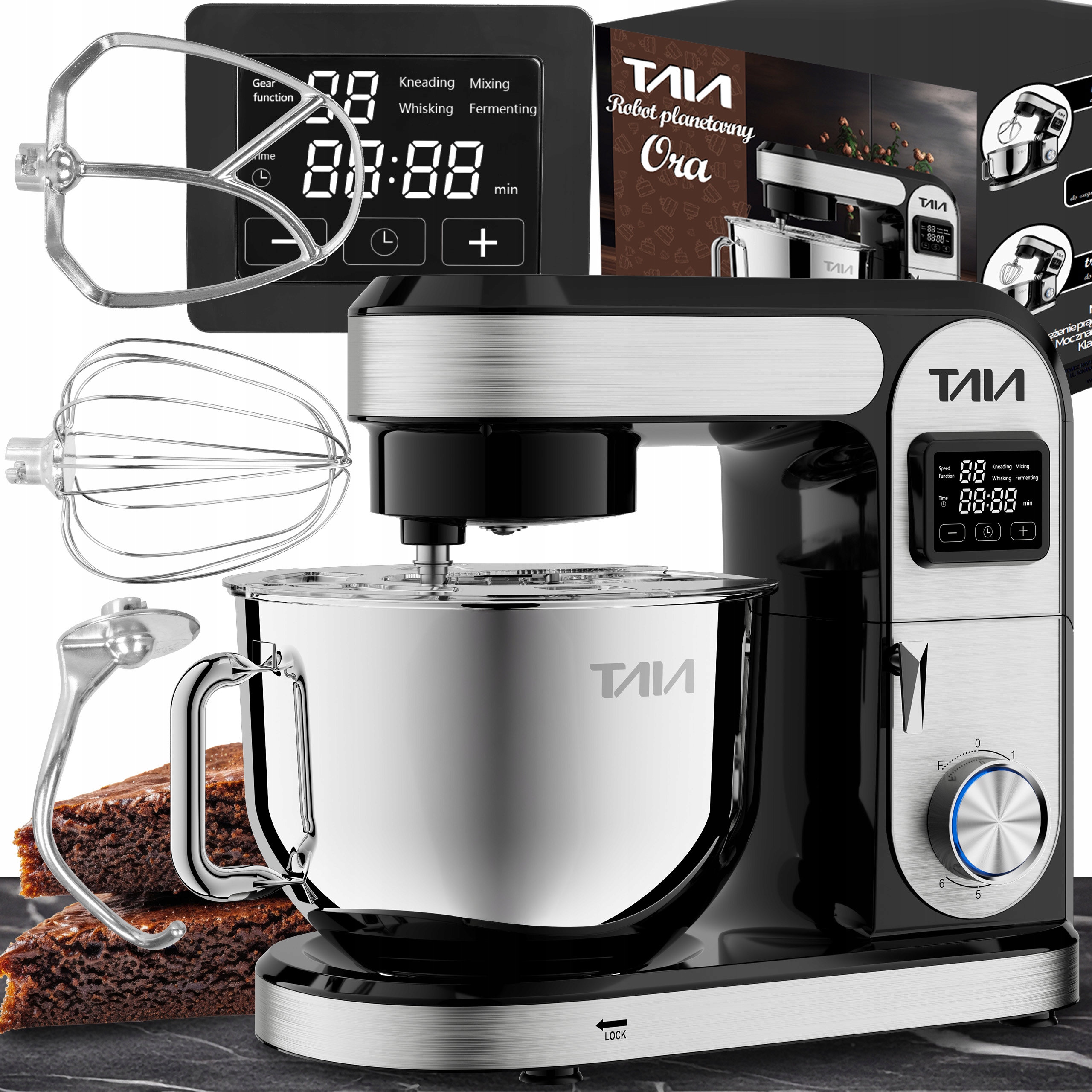 Srebrny Robot Planetarny Kuchenny Taia Ora 2000W Duża Misa 6,5L Led Zestaw