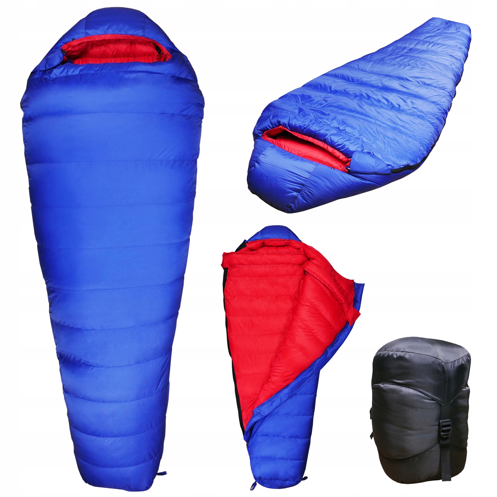Turistický spací pytel Mumie s kapucí 210 x 80 cm 16°/4° Husí peří modrý