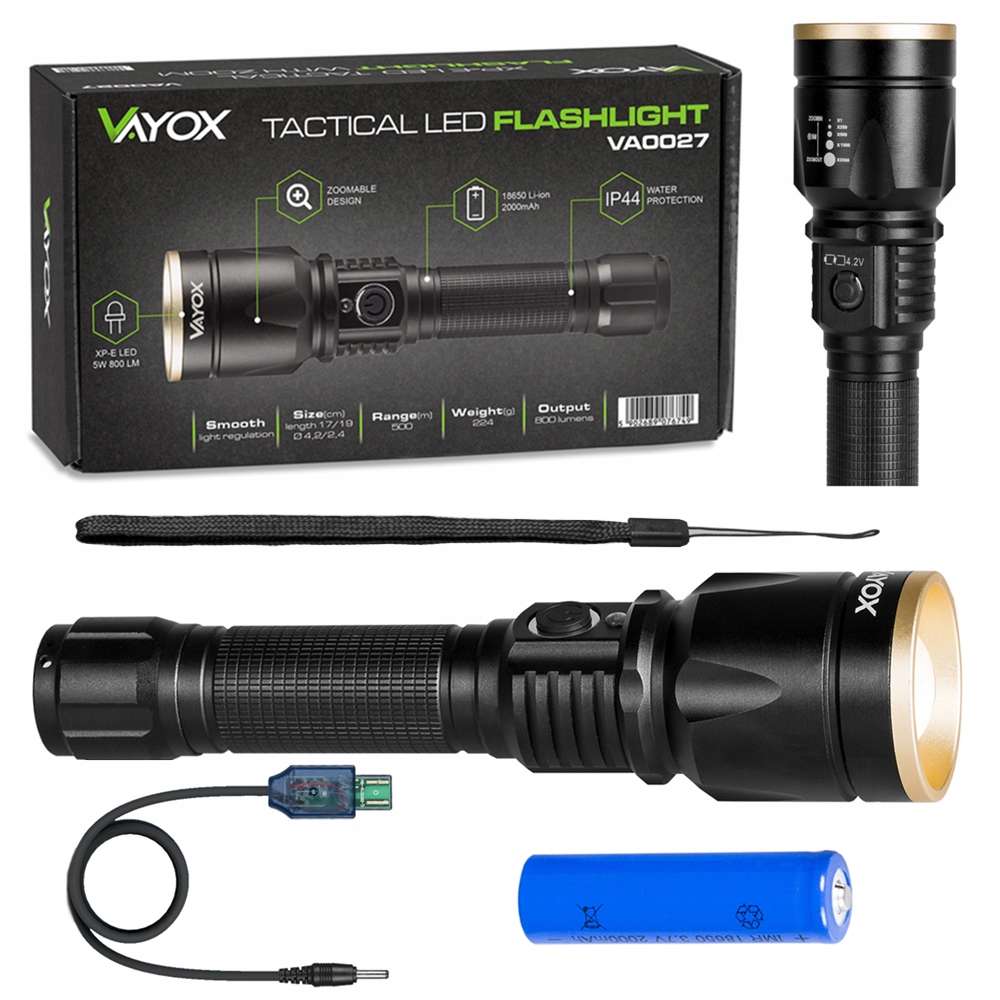 Тактический фонарик сильный USB Zoom Vayox LED XPE AKU