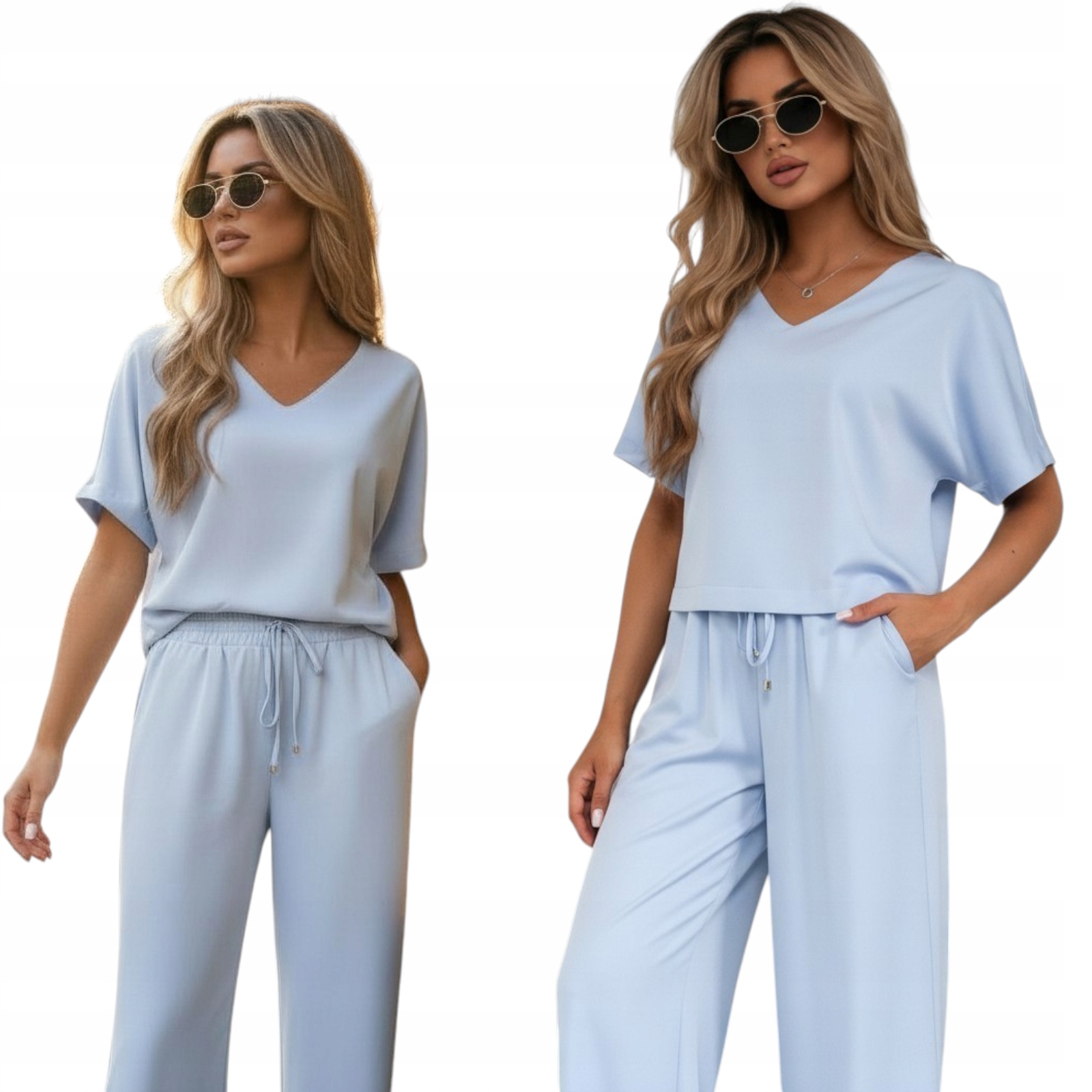 Komplet damski Satynowy Polska Produkcja Bluzka Spodnie Błękit L