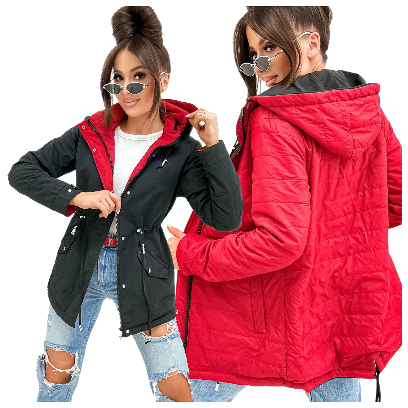 Kurtka Damska Wiosenna Przejsciowa Parka Dwustronna Czarna W82 Rozmiar XL