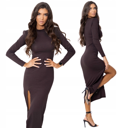 Dopasowana Sukienka Maxi Półgolf Poduszki Rozcięcie Z Wiskozy Czekolada