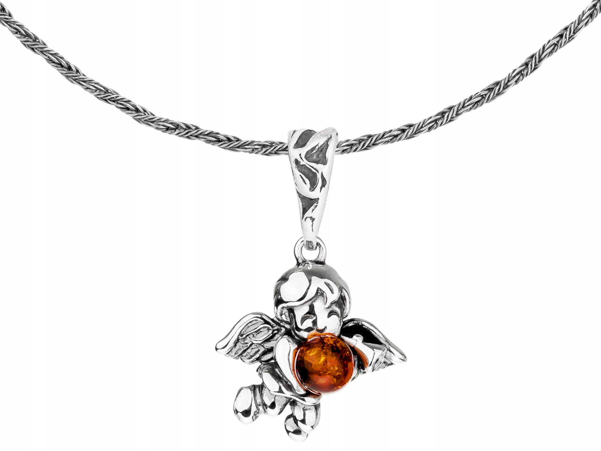 Krátký stříbrný dámský oxidovaný náhrdelník Anděl s jantarem Choker 30