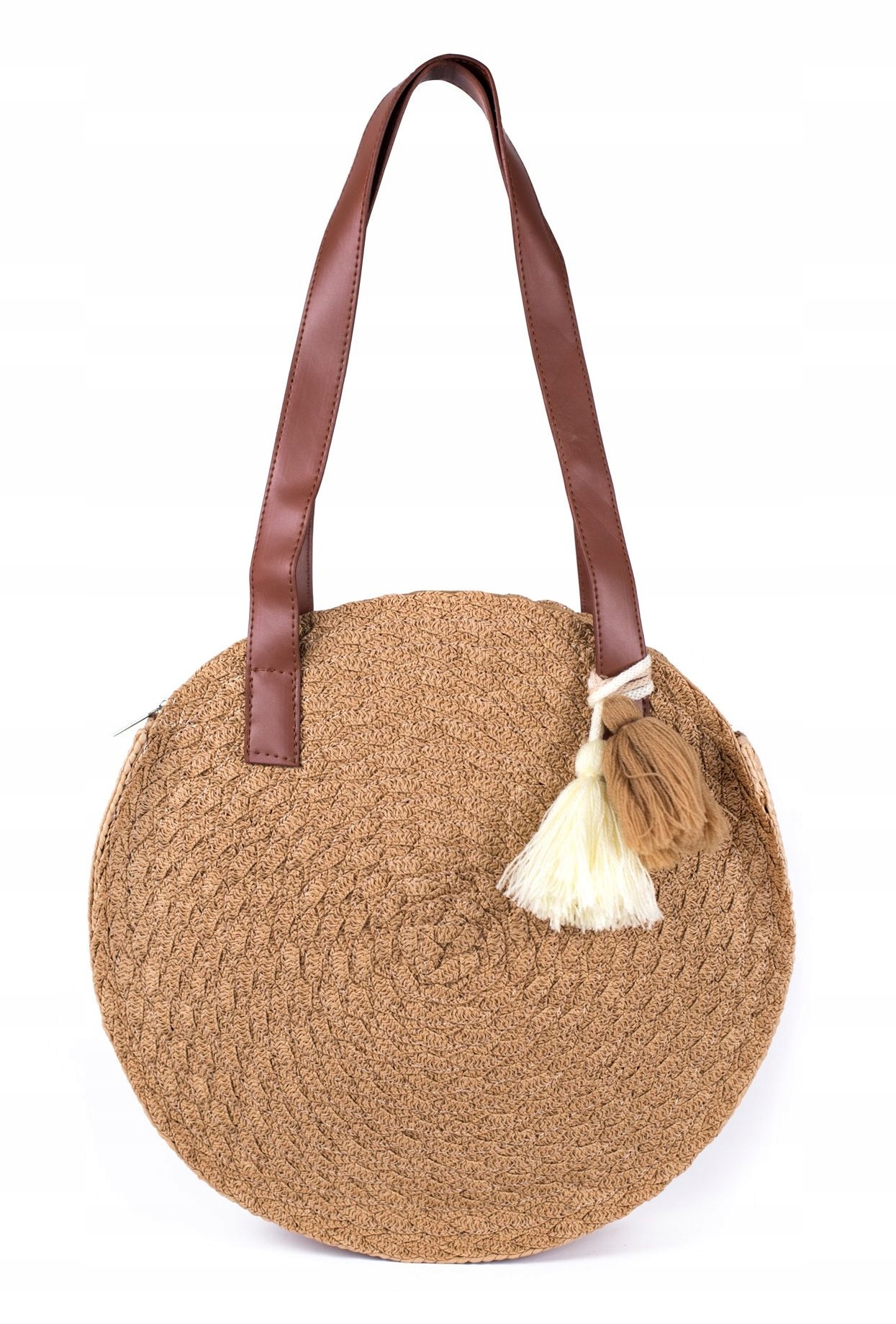 Dámská kabelka Košík Pletená Kulatá Boho s Pompony Plážová Městská