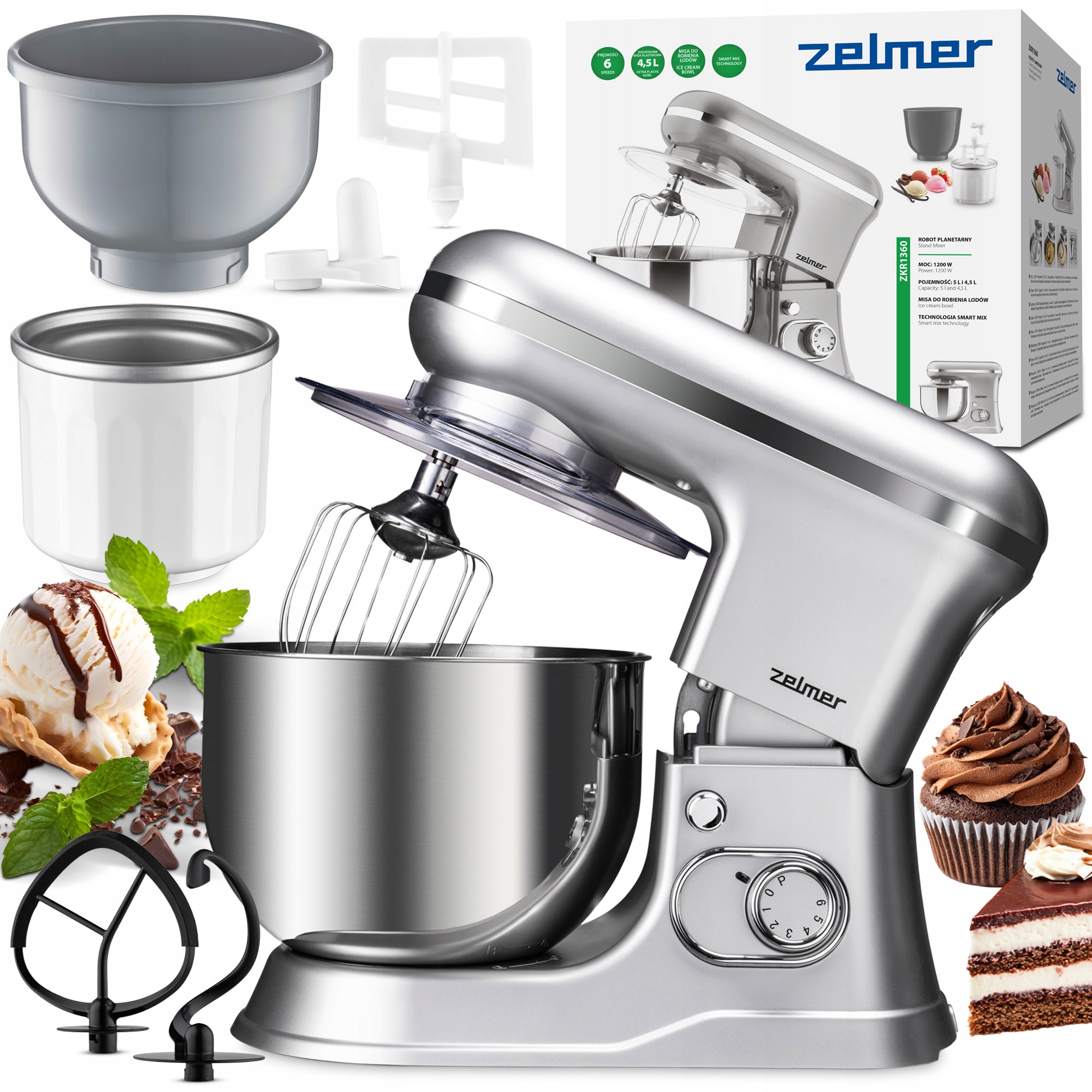 Robot Planetarny Zelmer Wielofunkcyjny 3 Końcówki Misa Do Lodów 1200W Mocny