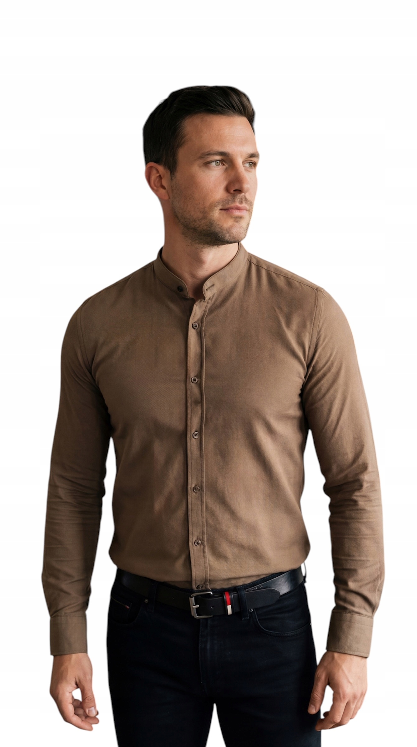 Košile slim fit se stojáčkem, neformální, hnědá struktura EGO01 L