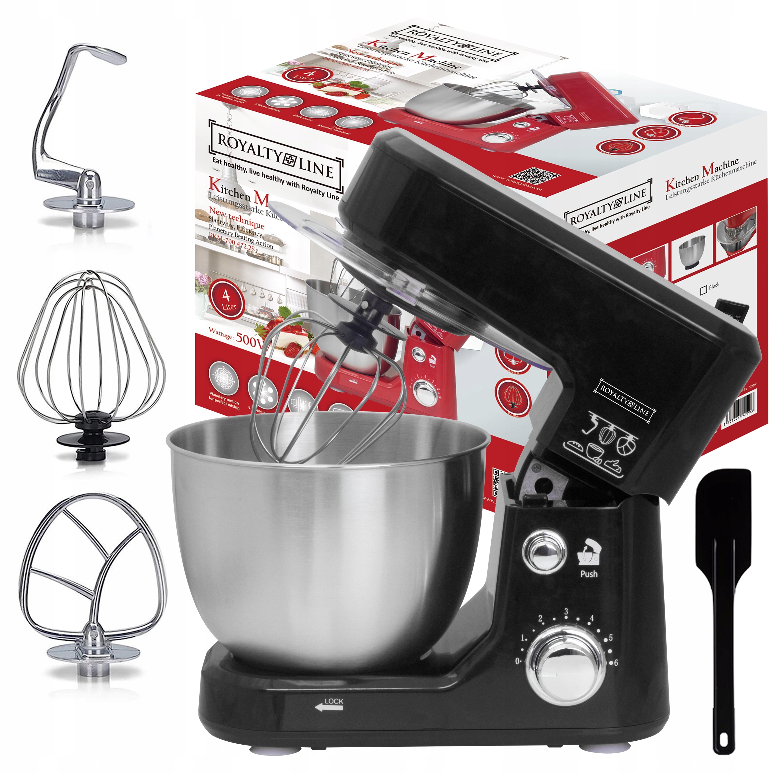 Robot Kuchenny Planetarny Mikser Z Misą Royalty Line Black 4L 3 Końcówki