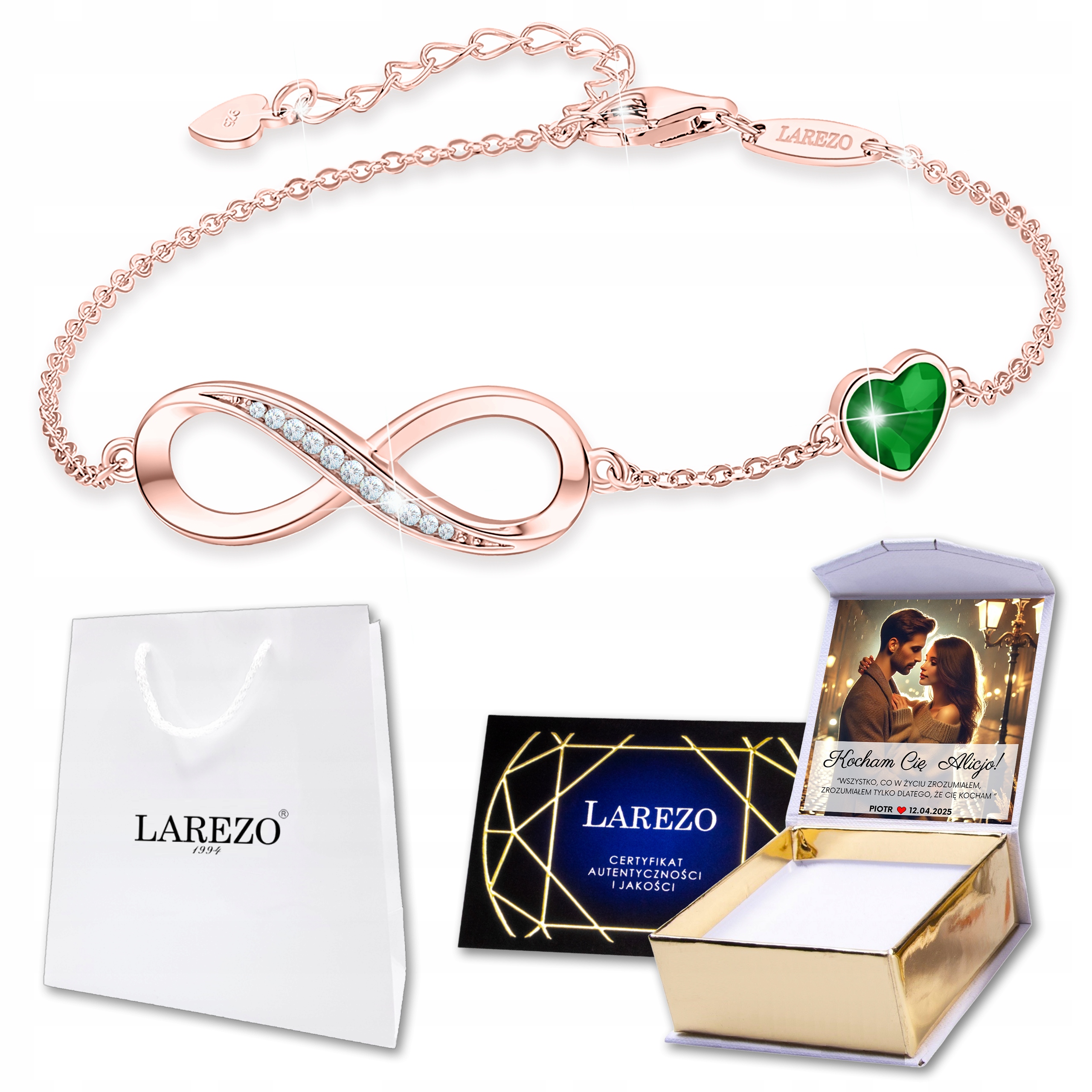 Pozlacený náramek 925 s nekonečnem a zeleným srdcem Heart Print