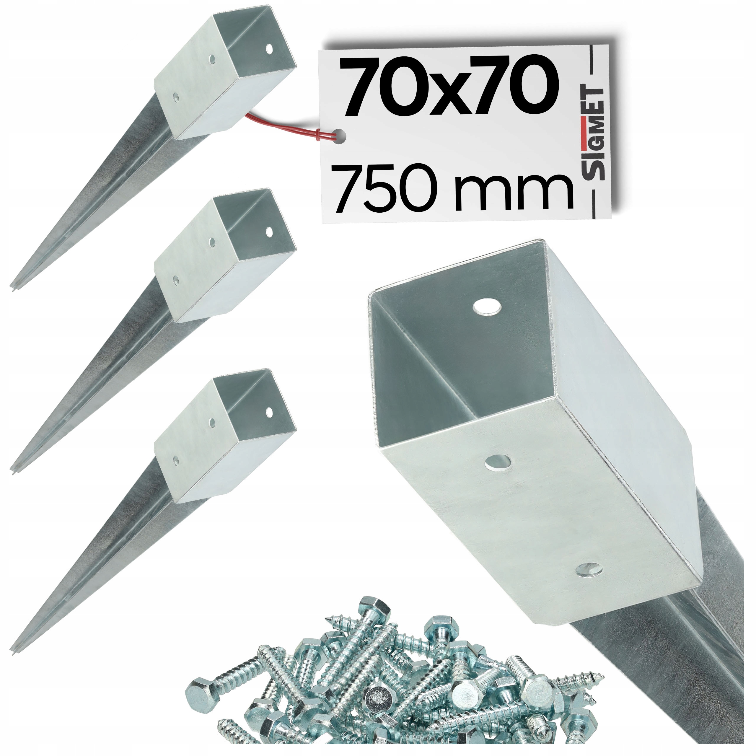 4 x Podstawa słupa wbijana 70x70 dł. 750 mm ocynk kotwa wkręt do montażu