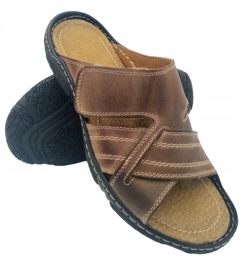 

Klapki Męskie Skóra Szyte Comfort Rzep Buty Polski