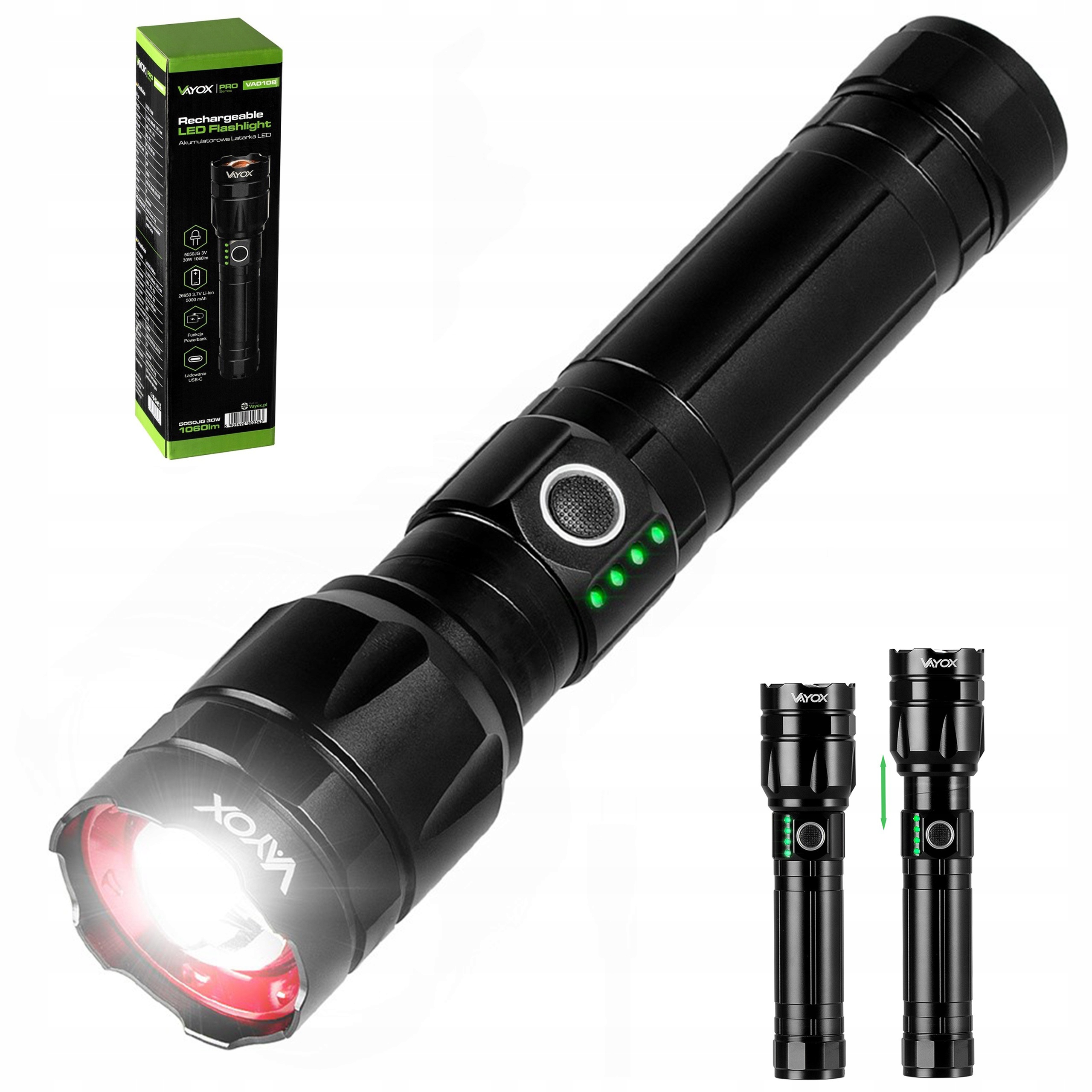 MOCNA LATARKA TAKTYCZNA WOJSKOWA LED AKUMULATOROWA USB C PRO ZOOM POWERBANK