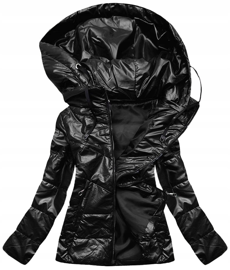 Lesklá Bunda S Kapuce B9751 Černá 46