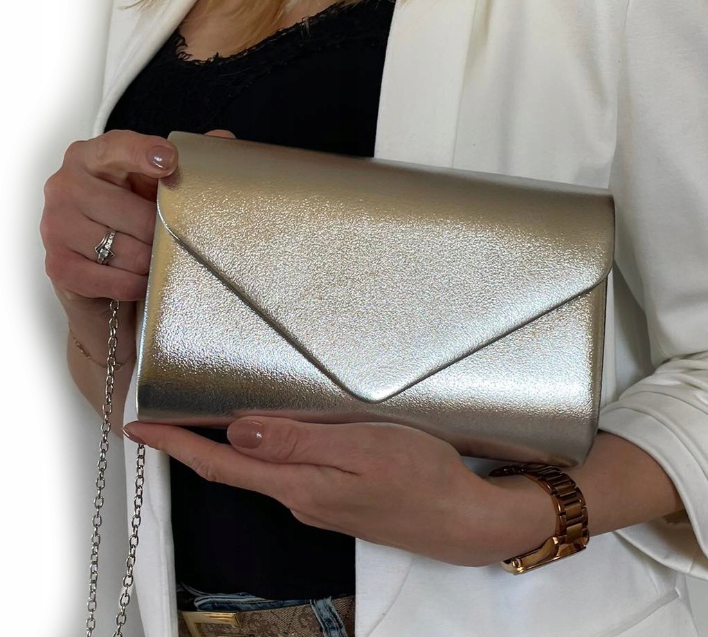 WIECZOROWA wizytowa torebka KOPERTÓWKA SKÓRA EKO SREBRNY