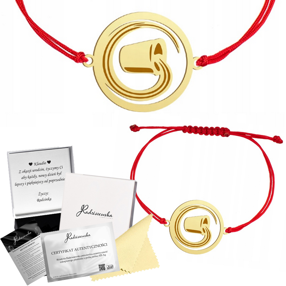 Zlatý Náramek Se Znamením Zvěrokruhu Vodnář Šňůra Stříbro 925 Gravírování