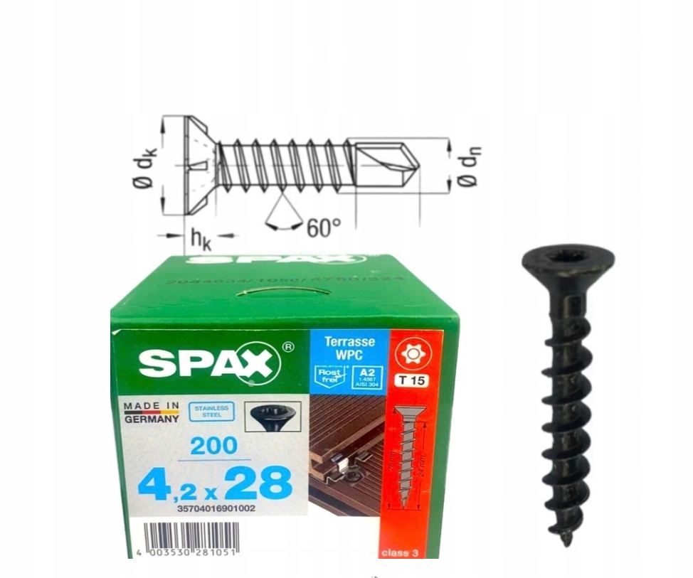 Terasové šrouby Alu 4,2 x 28 A2 Tx 200 ks Torx Spax pro kompozitní desku