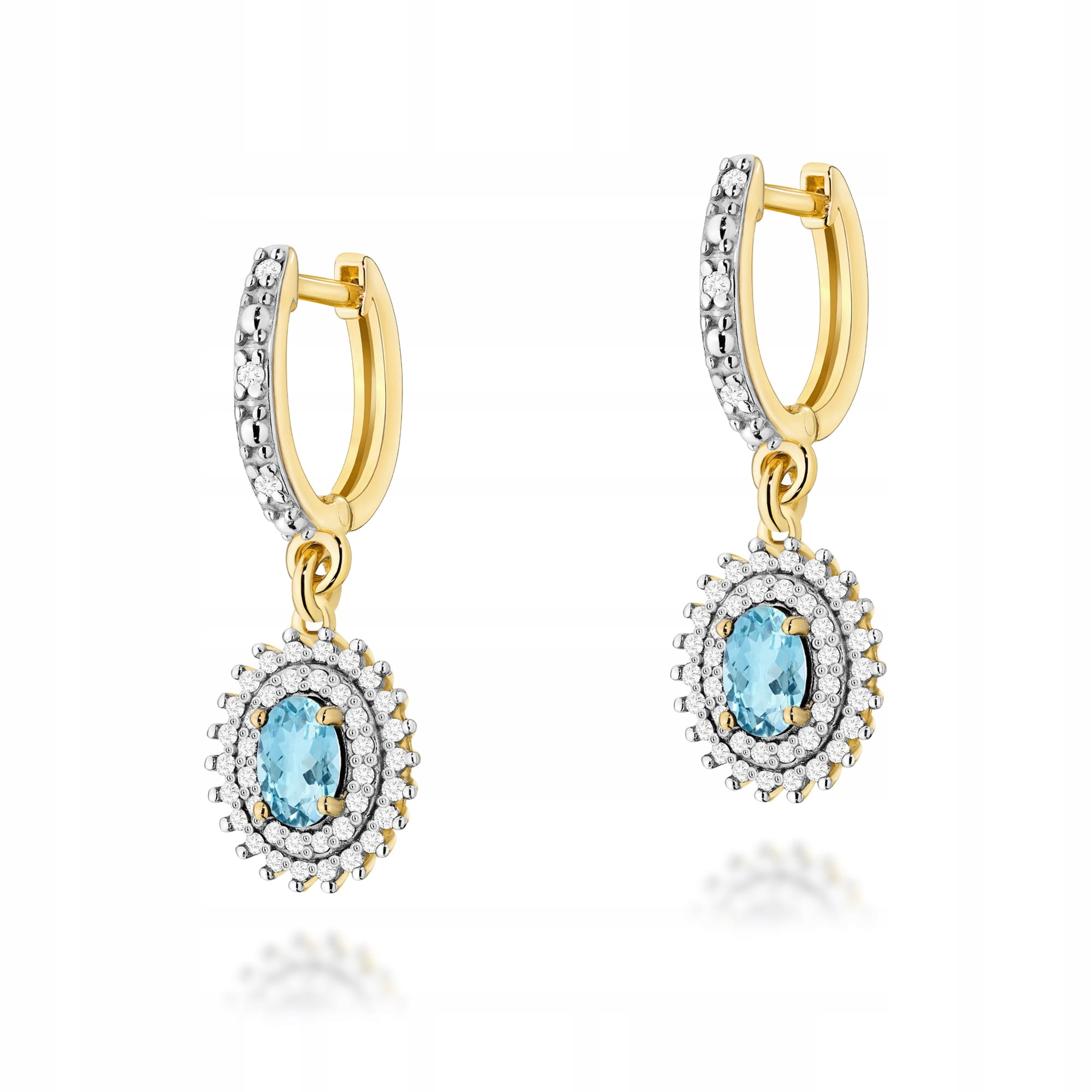Zlaté náušnice s topazem 585, blátivý topaz, závěsné ovály, brilianty 3,7 g