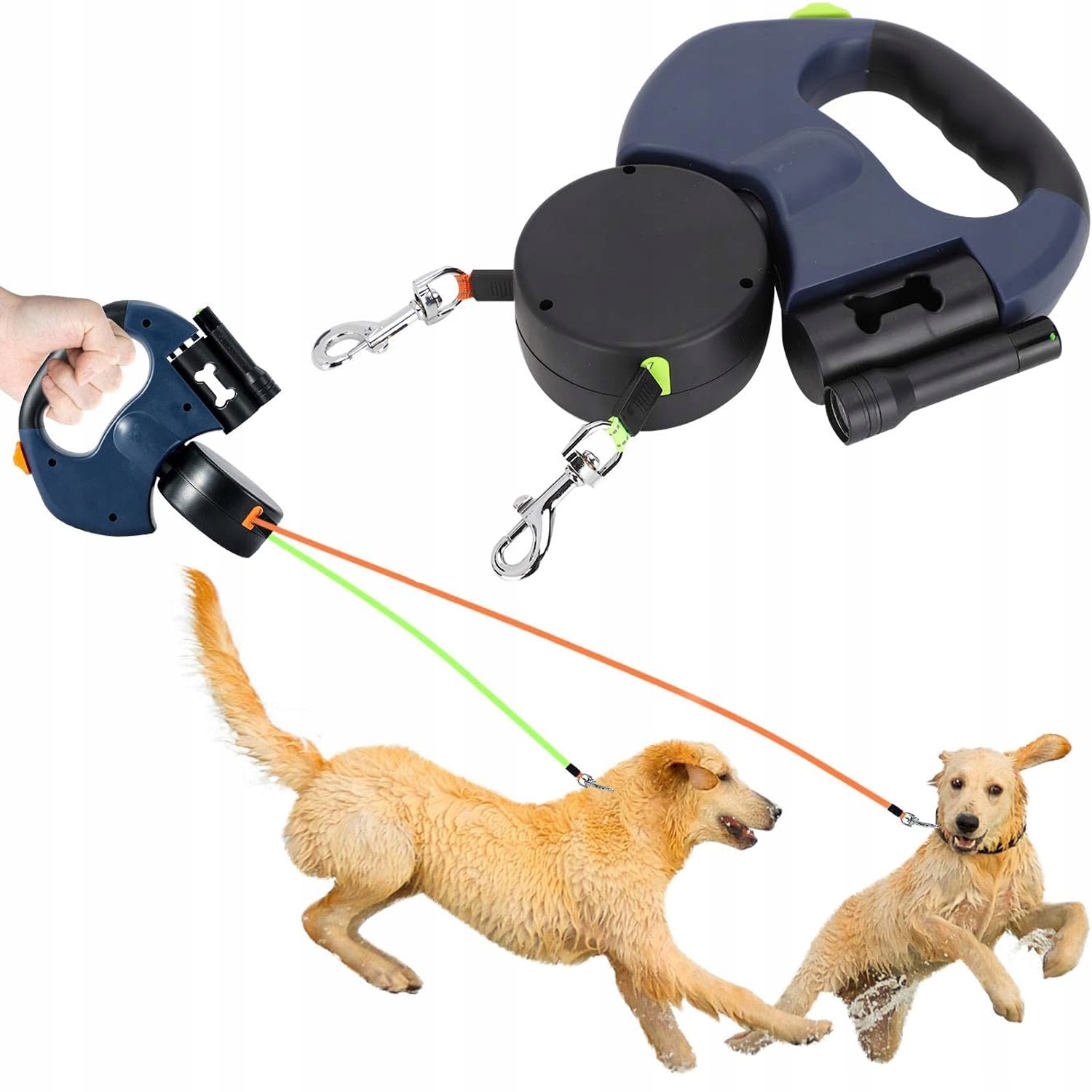 Levně Dvojité Automatické Vodítko Pro 2 Psy S Uzamykací Světlometkou, Silné, 3M 10KG