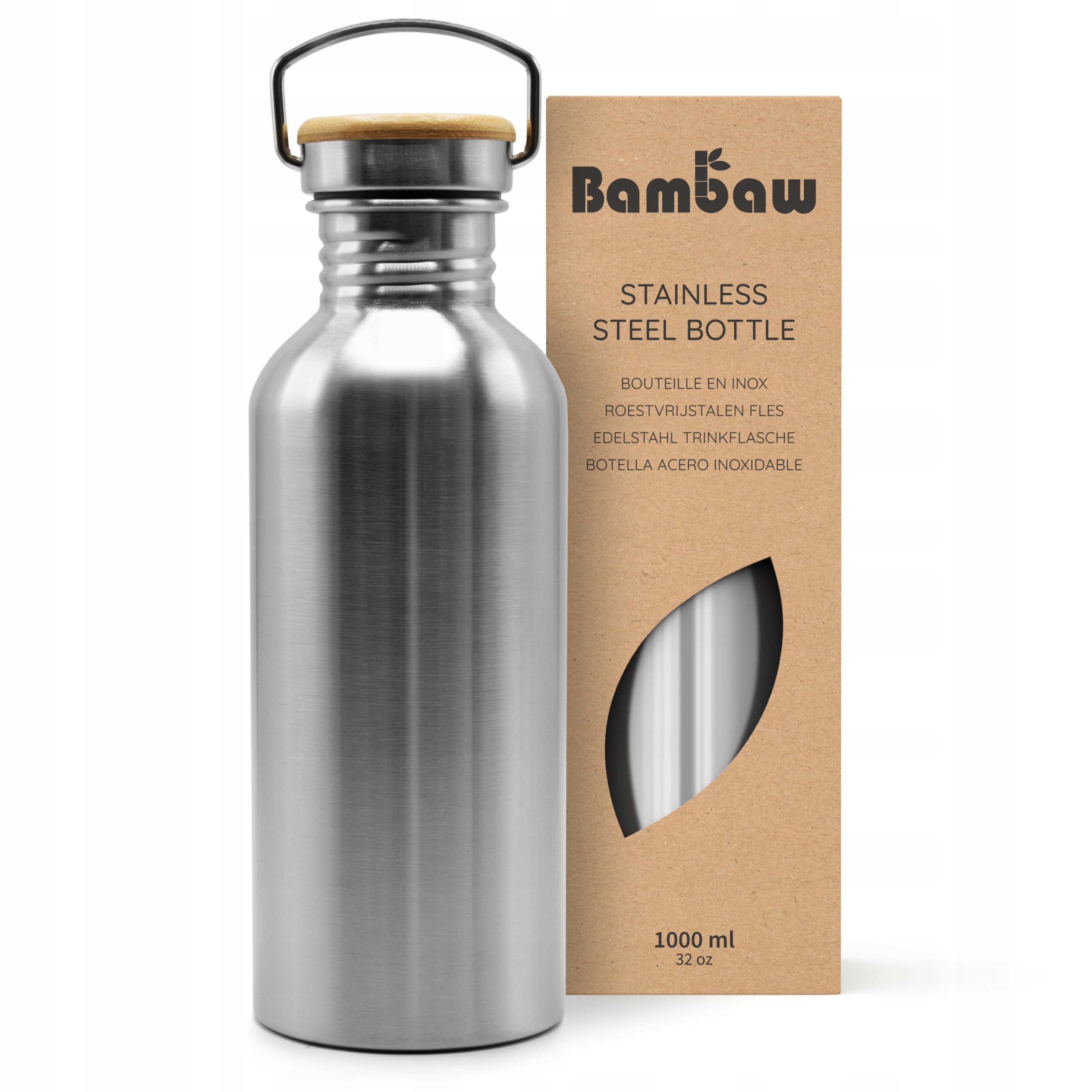 Bambaw, butelka metalowa ze stali nierdzewnej z bambusową nakrętką, 1000 ml