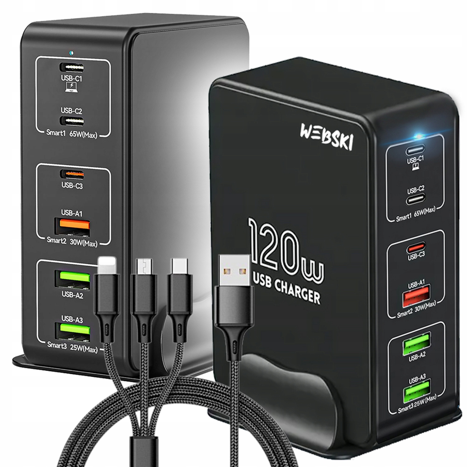 Multifunkční rychlá výkonná síťová nabíječka 120W 6xUSB Qc kabel 3v1